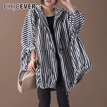 

CHICEVER 2020 Autumn New Pattern Office Lady Style Full Sleeve Loose Vertical Striped Pattern Drawstring Hooded Collar Coat