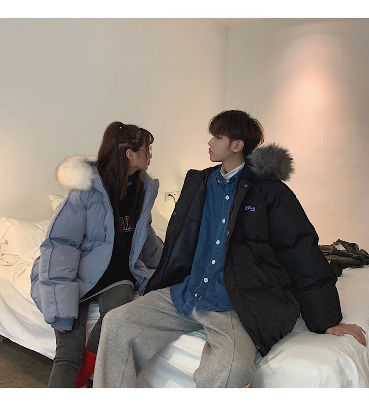 Couple Clothes Winter New Style Cotton-padded Clothes Winter down Coat Hooded Large Fur Collar Coat Men's INS Super Fire Trend C