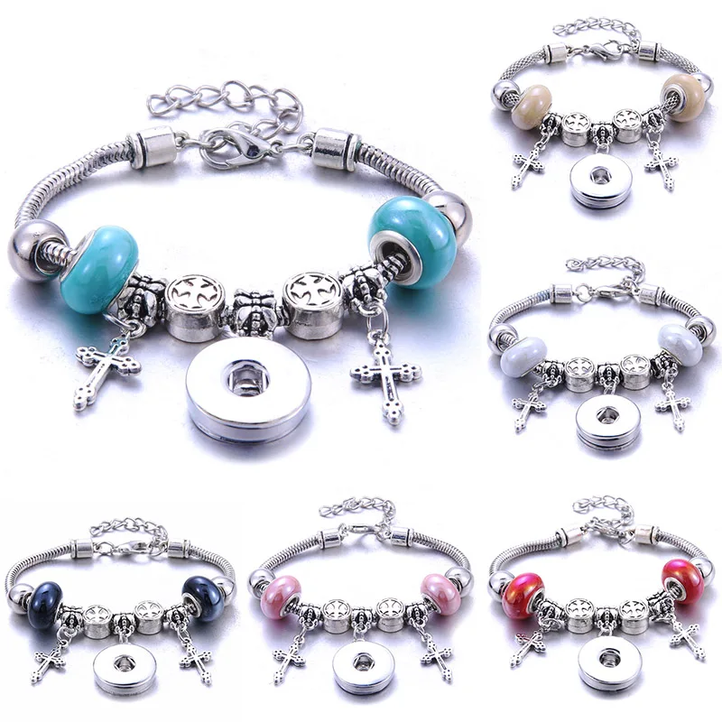 

2019 New Cross Snap Button Bracelet Silver Lobster Buckle Snake Chain Bangles Beaded Snap Bracelet Fit 18MM Snap Button Jewelry
