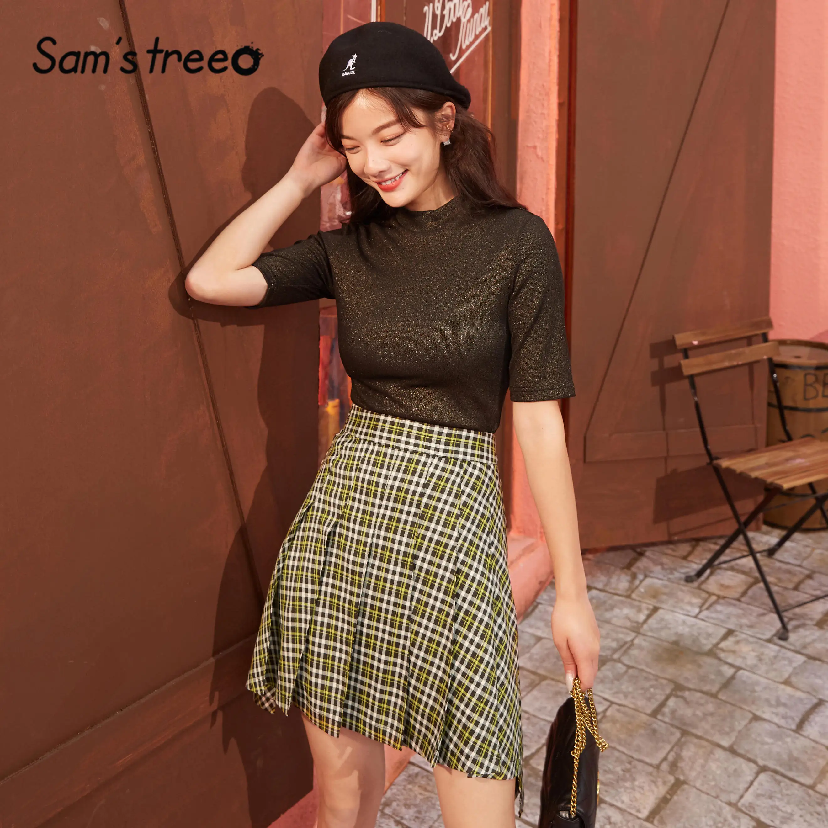 

SAM'S TREE Brown Plaid High Waist Casual Preppy Mini Women Skirts 2020 Spring Gray A Line Irregular Korean Girly Pleated Skirt