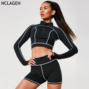 

NCLAGEN 2019 Women Fashion Contrast Color Striped Yogaings Set Zipper Turtleneck Long Sleeve Crop Top Tees Sportswear Shorts