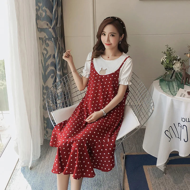 

Pregnant Women Dress Summer Set 2019 Korean-style Polka Dot Irregular Flounced Pregnant Women Two-Piece Set Maternity Dress Chif