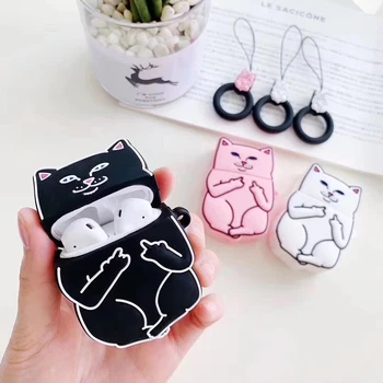 

Anti-fall Bluetooth Box Cute 3D Middle finger cat soft silicon Wireless Earphone Charging Box Cover Bag for Apple AirPods 1 2
