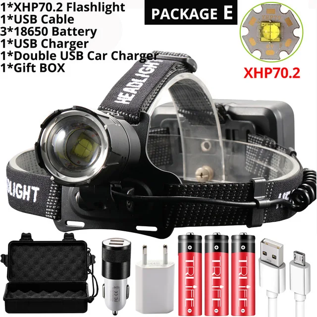 XHP70.2 светодиодный налобный фонарь XHP70 самый мощный желтый белый светодиодный налобный фонарь для рыбалки, кемпинга, фонарь с зумом, 3*18650 батареи - Испускаемый цвет: Package E