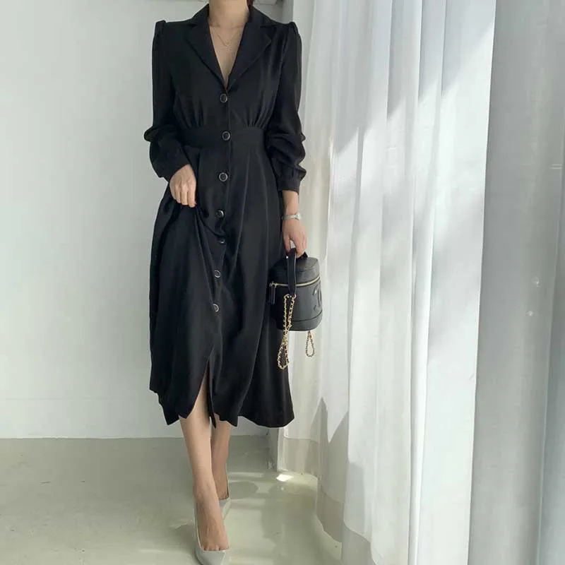 Korean One-Piece Dress Women French Vintage Lapel Puff Sleeves Slim Waist Single Breasted Dresses Spring Autumn Lady Dress 2020