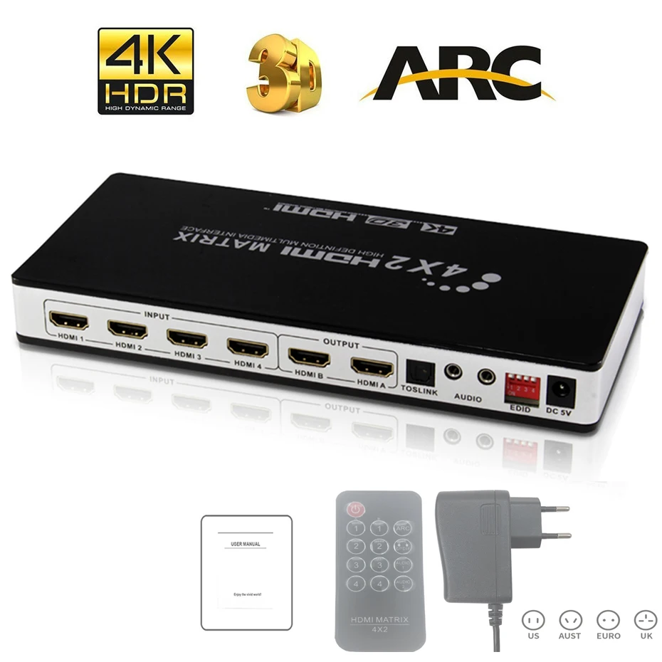 HDMI матрица 4X2 переключатель сплиттер с toslink и стерео аудио 4kX 2K/30 Гц поддерживается