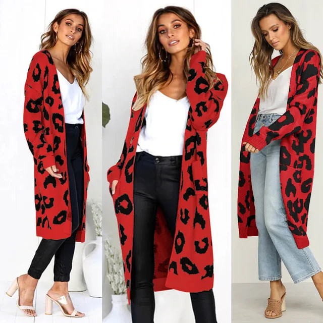 Женский леопардовый вязаный длинный кардиган, свитер с длинным рукавом, пальто для женщин, осень, новая верхняя одежда, женские осенние пальто - Цвет: Красный