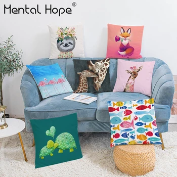 

White Plush Cartoon Animal Printed Cushion Cover Flamingo Elephant Pattern Throw Pillow Cover Home Decor Square Pillowcase
