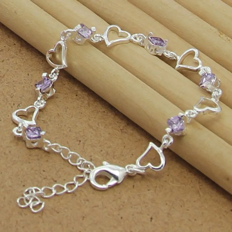925 Sterling Silver Bracelet Heart Purple Crystal Zircon Bracelet For Woman Party Engagement Jewelry Gift - Image 6