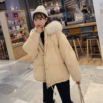 

Real shot winter cotton net red student short large fur collar down jacket female college wind clothing
