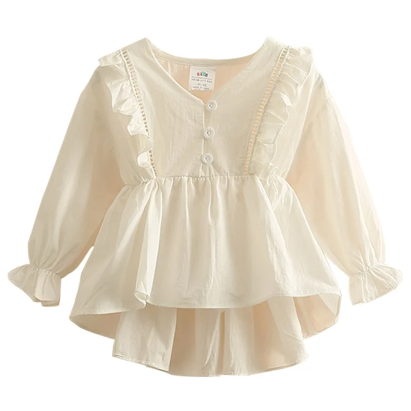 Spring Autumn Fashion 2 3 4 5 6 8 10 Years Kids Cute Long Trumpet Sleeve V-Neck Cotton White Blouse Shirt For Baby Girls