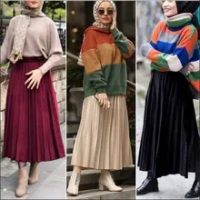 Мусульманская плиссированная юбка для женщин, высокая талия, сплошной цвет, шикарный Арабский Пот, морщинка, длина до щиколотки, длинные юбки ОАЭ, Исламская одежда