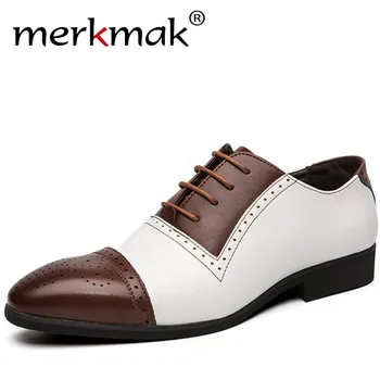 

Merkmak British Style Business Formal Leather Shoes Fashion Pointed Toe Party Wedding Shoes Breathable Brogue Footwear Big Size