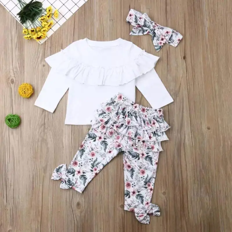 

Children Girls Ruffled Clothes Set Comfort and Soft Long Sleeve Solid Tops and Personality Printing Floral Pants and Headdress
