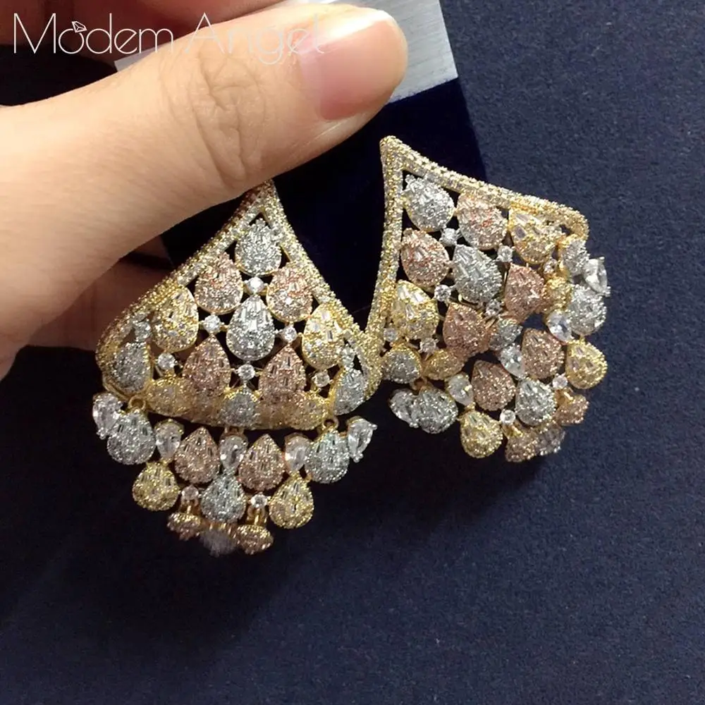 ModemAngel, Роскошные Длинные серьги-кольца в форме цветка, женские свадебные Большие серьги с кубическим цирконием, бижутерия