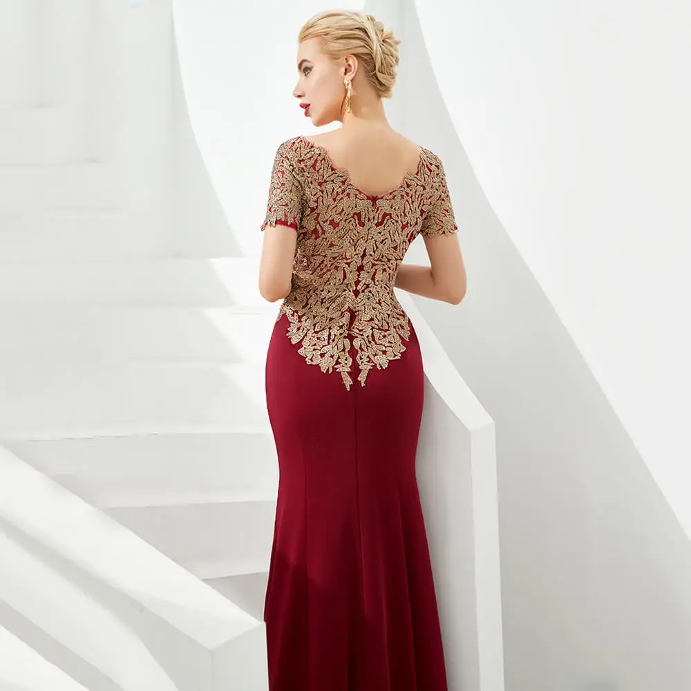 Newest Mermaid Lace Long Evening Dress Mermaid O-neck Burgundy Evening Prom Gowns Sleeves Robe de Soiree Longue
