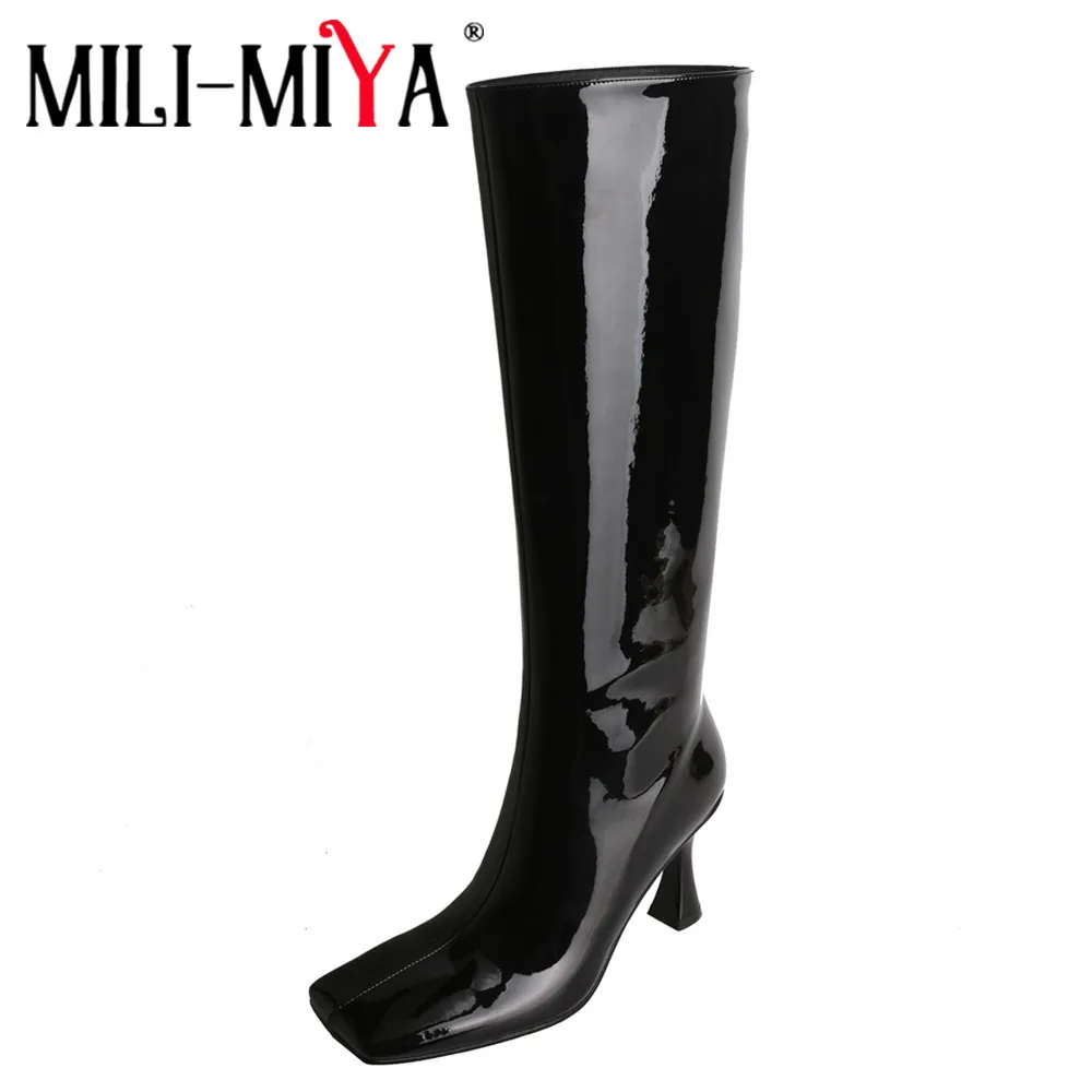 

MILI-MIYA 2021 New Autumn Winter Women Patent Leather Special Heel Knee High Boots Ladies Square Toe Slip On Shoes Black Wine Re