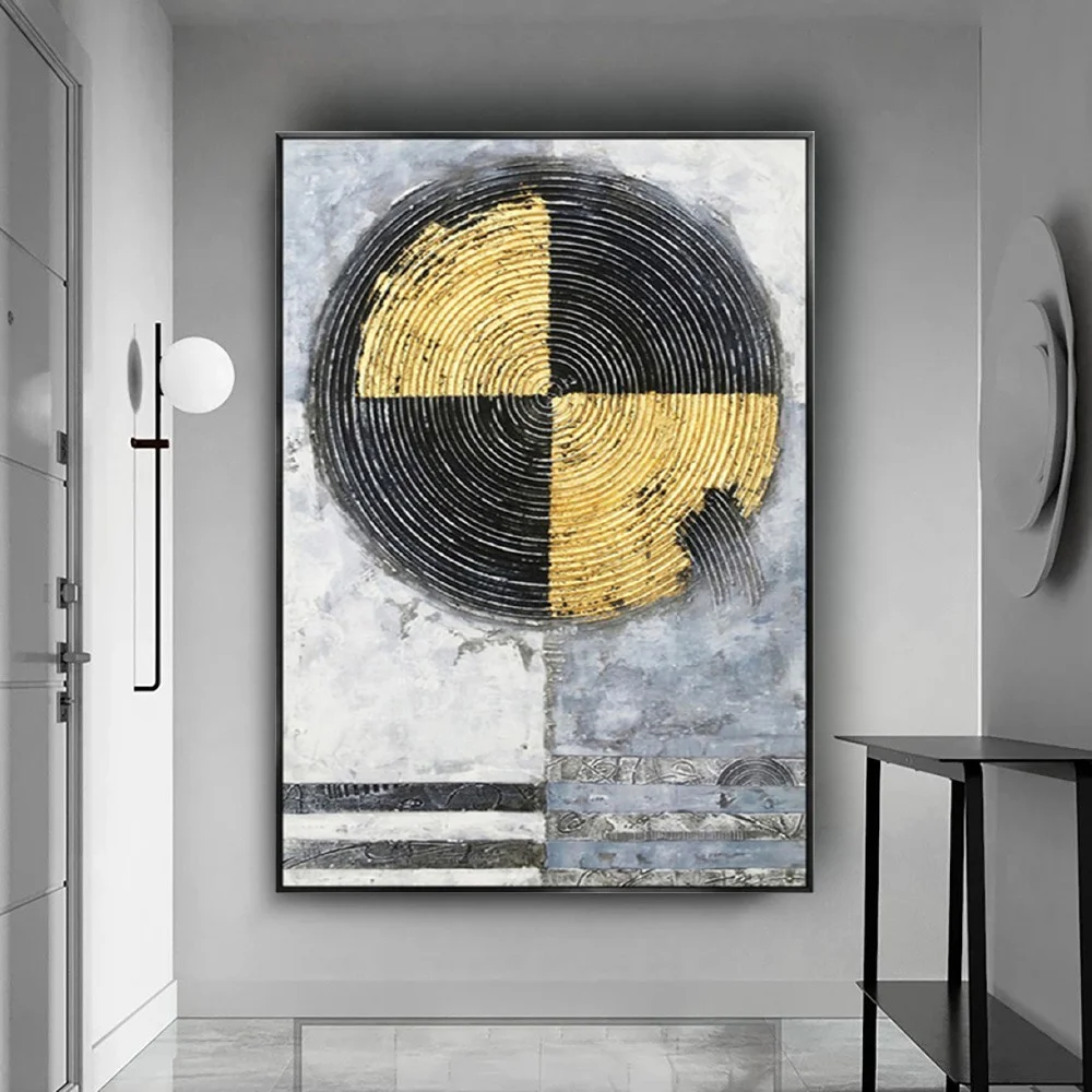 

100% Hand-painted Oil Paintings Gray Gold Logo Pattern Design Wall Art Canvas Paint Modern Home Decor Living Room Wall Painting
