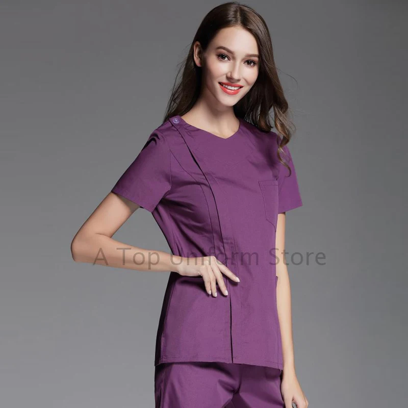 purple TOP Стиль, женская мода, скраб-топ, форма доктора медсестры, боковое отверстие спереди, рубашка со скрытой молнией, хирургический скраб(только топ - Цвет: purple TOP