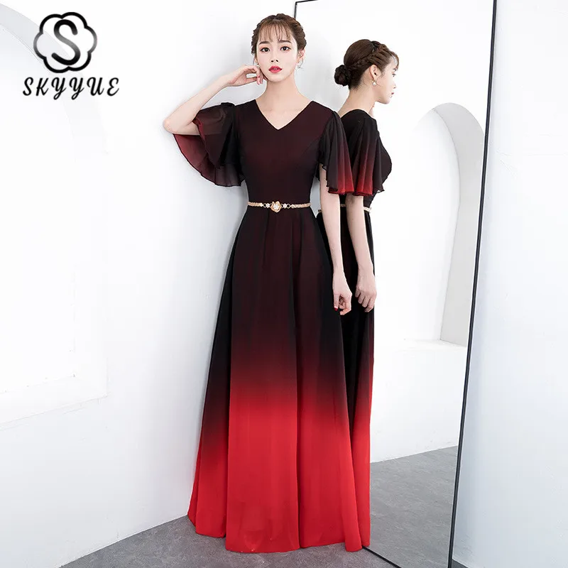 

Skyyue Evening Dress Black Red Contrast Color Formal Party Dress K215 V-Neck Half Sleeve Women A Line Long Elegant Evening Gown