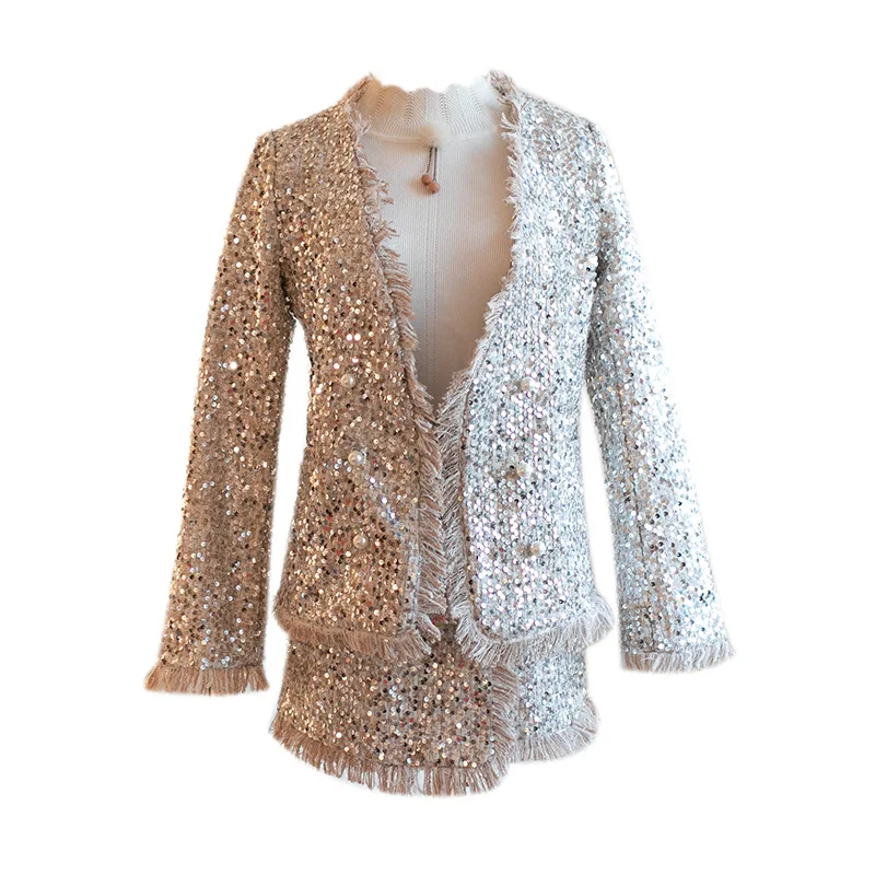Winter Tweedelige Set Vrouwen Pak Nieuwe Stijl Temperament Lovertjes Parel Knop Jas Hoge taille Rok Pak Winter Tweedelige Set Vrouwen Pak Nieuwe Stijl Temperament Lovertjes Parel Knop Jas Hoge taille Rok Pak