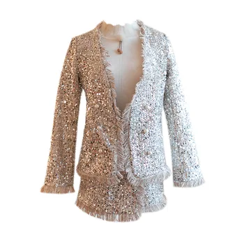 

Winter Two Piece Set Women Suit New Style Temperament Sequined Pearl Button Jacket High-waisted Skirt Suit