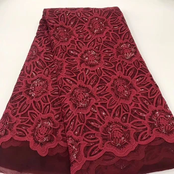 

Latest African Lace Fabric High Quality Wine Sequins Lace Fabric Embroidry Tulle Lace Fabric For Nigerian Party Dress