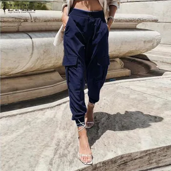 

Casual Overalls Trousers ZANZEA Spring Fashoin Work Turnip Pants Women Solid Zipper Long Pantalons Female Cargo Pants Palazzo