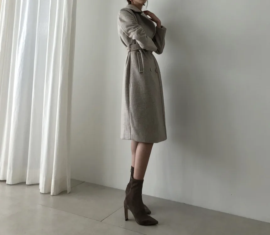 Зимнее женское пальто, новое шерстяное Casaco Feminino, Модное Длинное клетчатое пальто с поясом, офисное Женское пальто, манто Femme Hiver