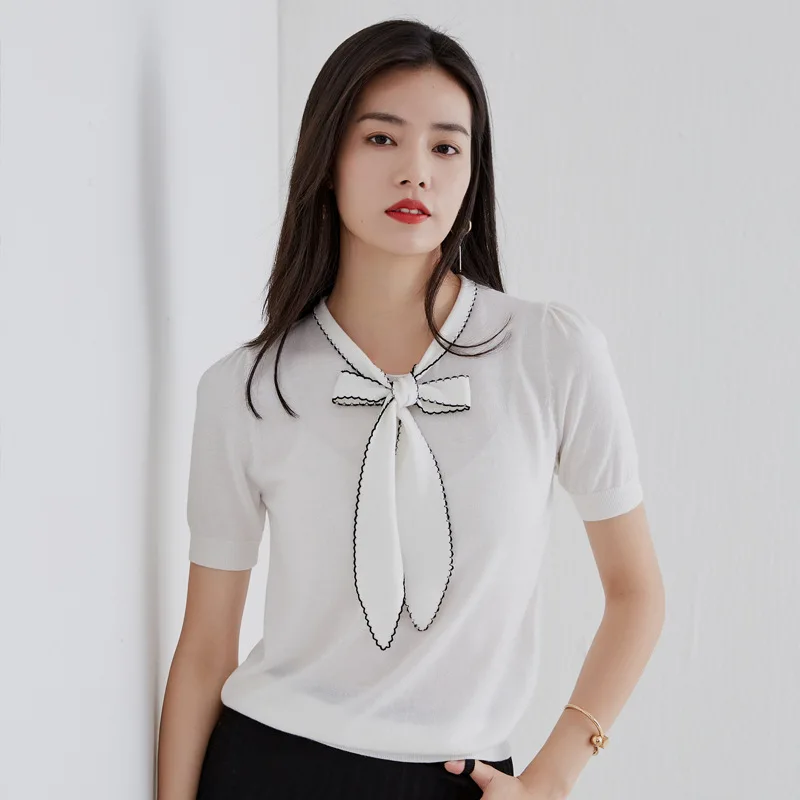 

2020 Summer New High-End Tops Ladies Elegant Fashion Bows Knit Sweater Women Short Sleeve Soft Pullovers Knitwear