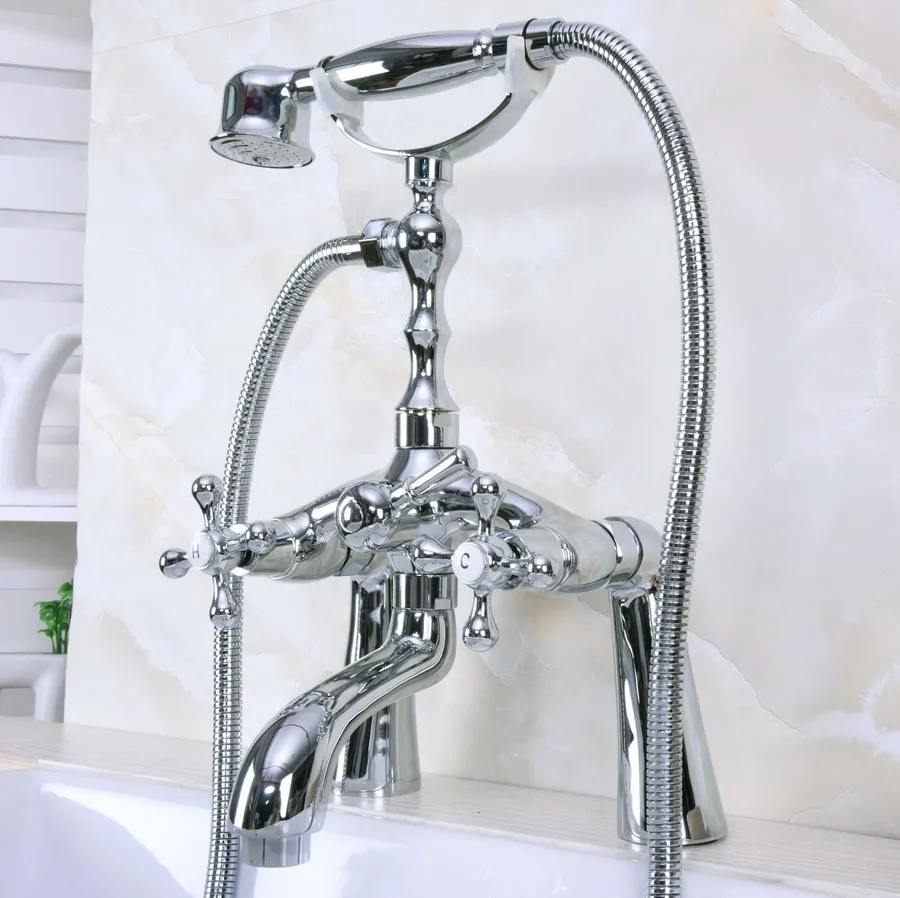 

Polished Chrome Brass Deck Mount Bathroom Tub Faucet Dual Cross Handles Telephone Style Hand Shower Clawfoot Tub Filler ana120