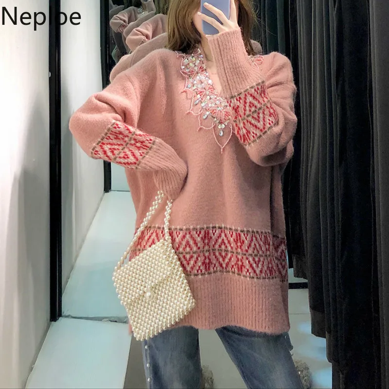 Neploe Ins/тяжелый вязаный свитер с блестками и бисером, однотонный пуловер с v-образным вырезом и длинным рукавом на осень и зиму, женская верхняя одежда