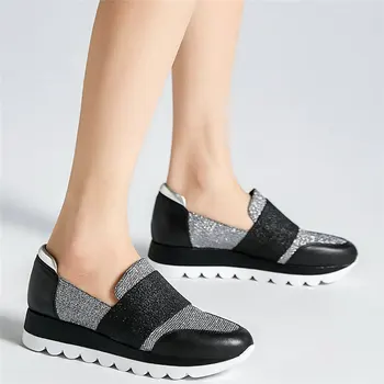 

Shiny Glitter Fashion Sneakers Women Slip On Cow Leather Wedges Ankle Boots Female Round Toe Platform Pumps Shoes Casual Shoes