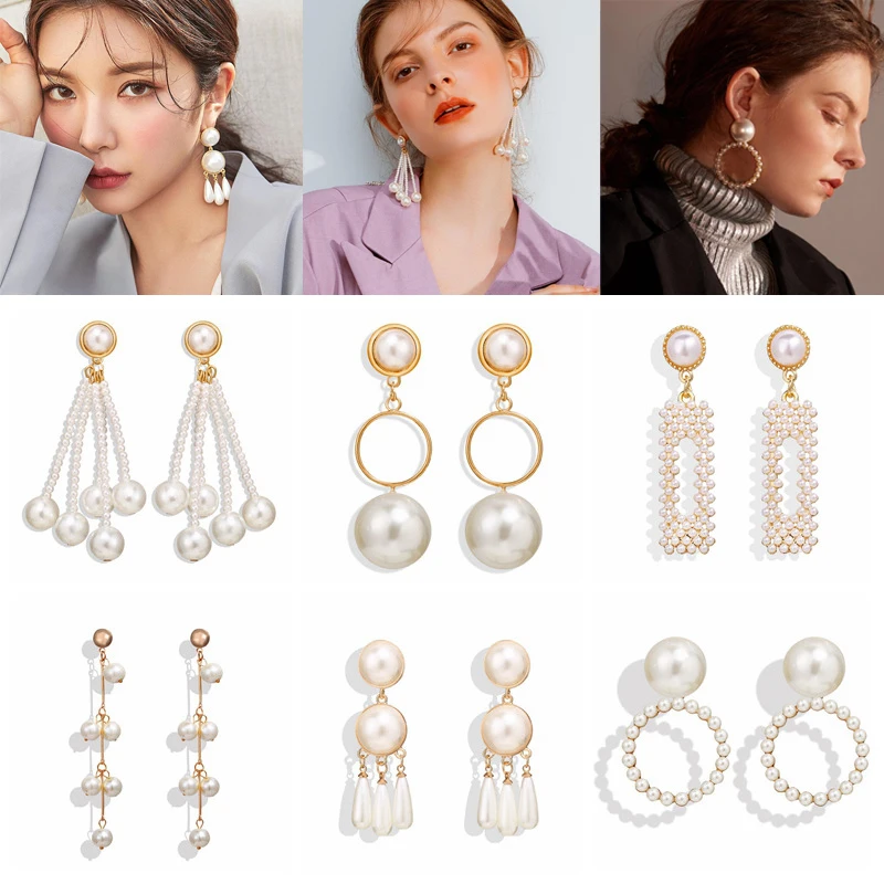 

Trendy Elegant Simulated Pearls Long Dangle Earrings For Women Jewelry Pearls String Statement Drop Earrings Wedding Party Gift