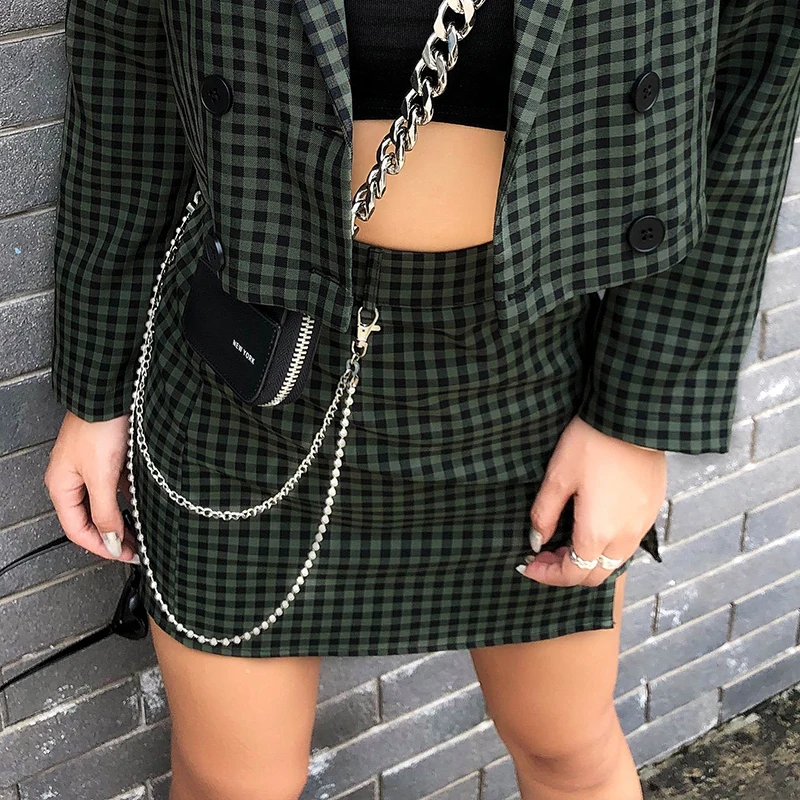 

Waatfaak Casual Plaid Print A Line Skirt Ladies Split Chain High Waist Skirt Mini Skirt Women Korean Harajuku Jupe Femme Elegant