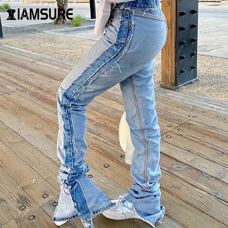 

IAMSURE 2020 Autumn Patchwork Y2K Jeans Pants for Women High Waist Female Denim Trousers Streetwear Fashion Stacked Pants