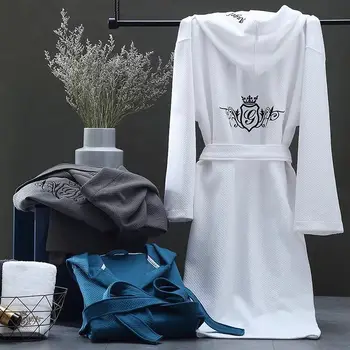 

100% Cotton Hooded Bathrobe Waffle Unisex Embroidery Robes Men Women Homewear Spring Autumn Thin Bath Robe Pajamas Dressing Gown