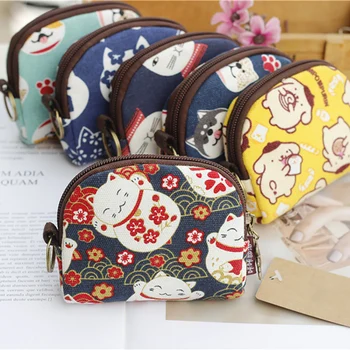 

1Pcs Coin Purse Semicircle Multi-function with Bear Pendant Canvas Multi Purpose Cartoon Pattern Japanese Style Money Bag 11cm
