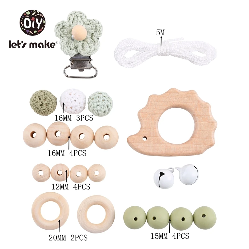 Let's Make Wooden Teether Crochet Beads Baby Goods Toys Flower Bell Bear Hedgehog DIY Pacifier Chain Set Pendant For Pacifier