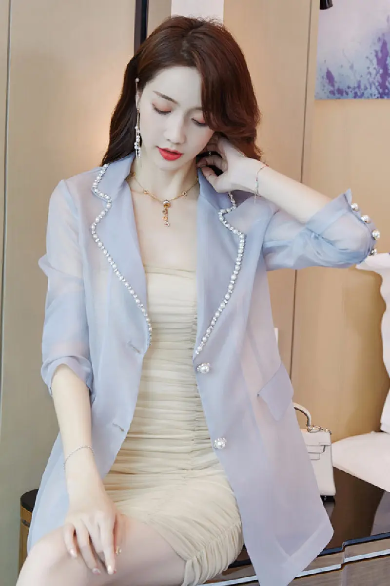 Organza Summer Blazer 2020 Bagian Tipis Manik manik Suit Kerah Blus Wanita  Panjang Ultra Kasa Tabir Surya Tipis k258|Blazer| - AliExpress