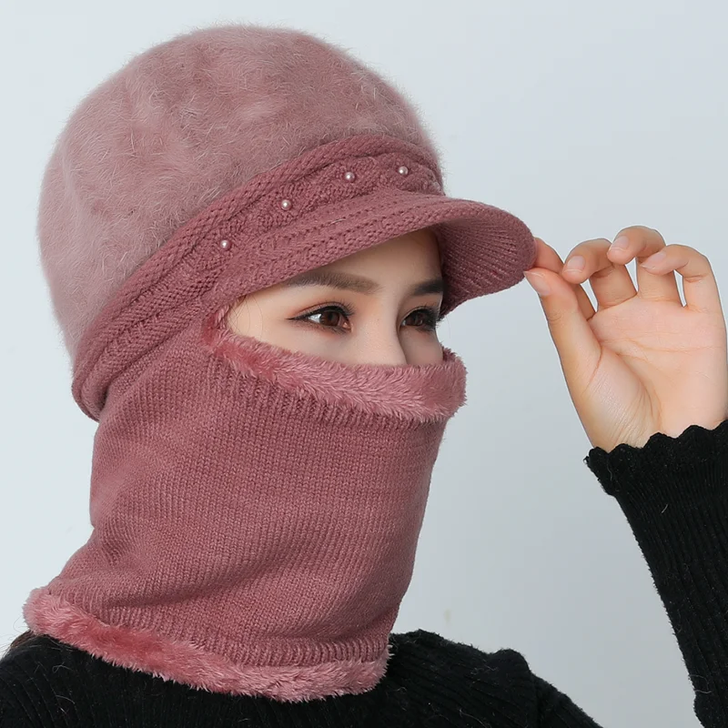 Зимняя громоздкая шапочка для женщин Skullies Beanies вязаная шапка теплая шерстяная подкладка защита Балаклава кусок-шапка-маска шапки - Цвет: Medium purple