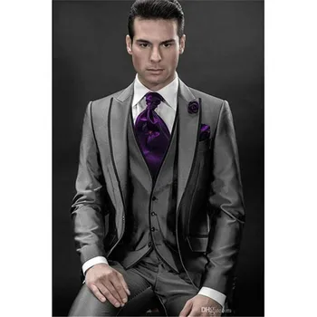 

Veiai Men's Suits Custom One Button slim fit Groom Wedding sliver man Suit Jacket+Pant+Vest Bridegroom terno masculino Suit