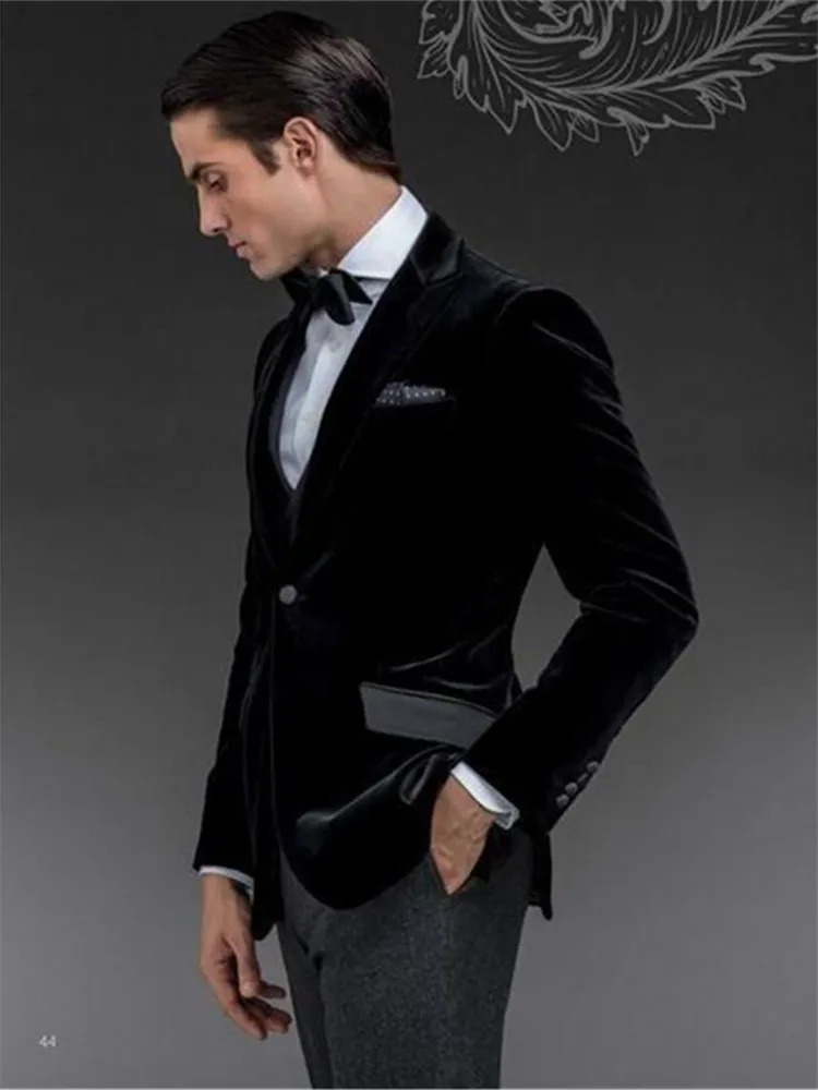 Мужской костюм Smolking Noivo Terno Slim Fit Easculino, вечерние костюмы для мужчин, черные бархатные смокинги для жениха, Женихи, мужские костюмы