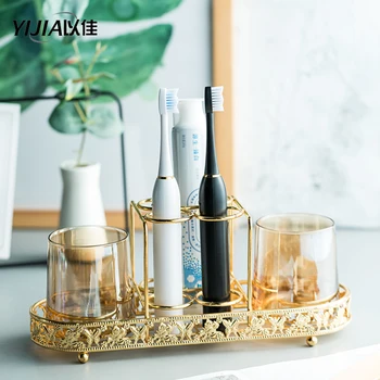 

Golden creative design home toothbrush toothpaste storage rack bathroom toilet cup rack metal