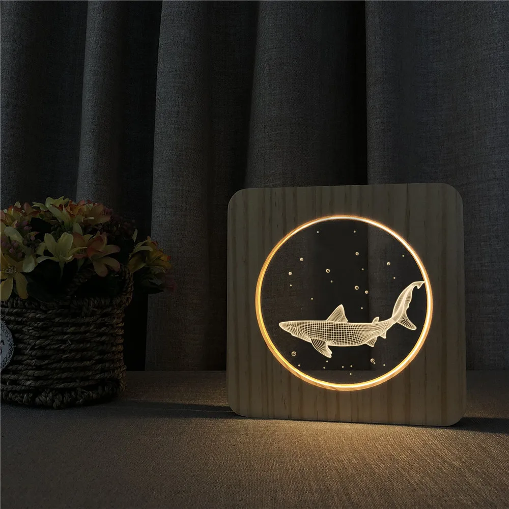 Маленькая Акула животное 3D светодиодный Arylic деревянный ночник ламповый светильник переключатель управления врезной светильник для детской комнаты украшения