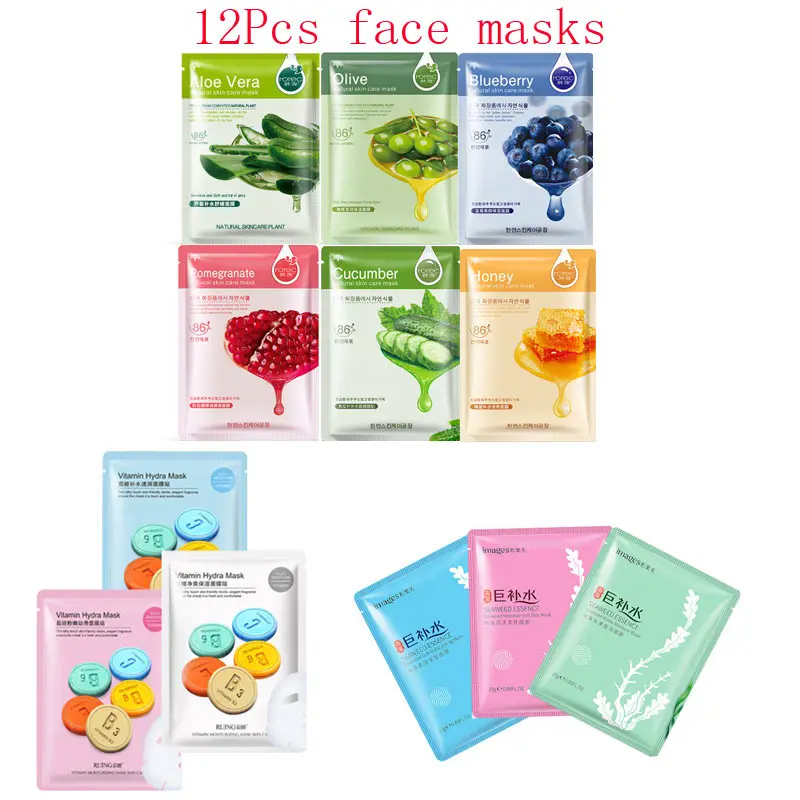 

12Pcs Mixed plant blueberry honey vitamin seaweed Face Mask Moisturizing Shrink Pores Oil-control Facial Masks Korean Skin Care