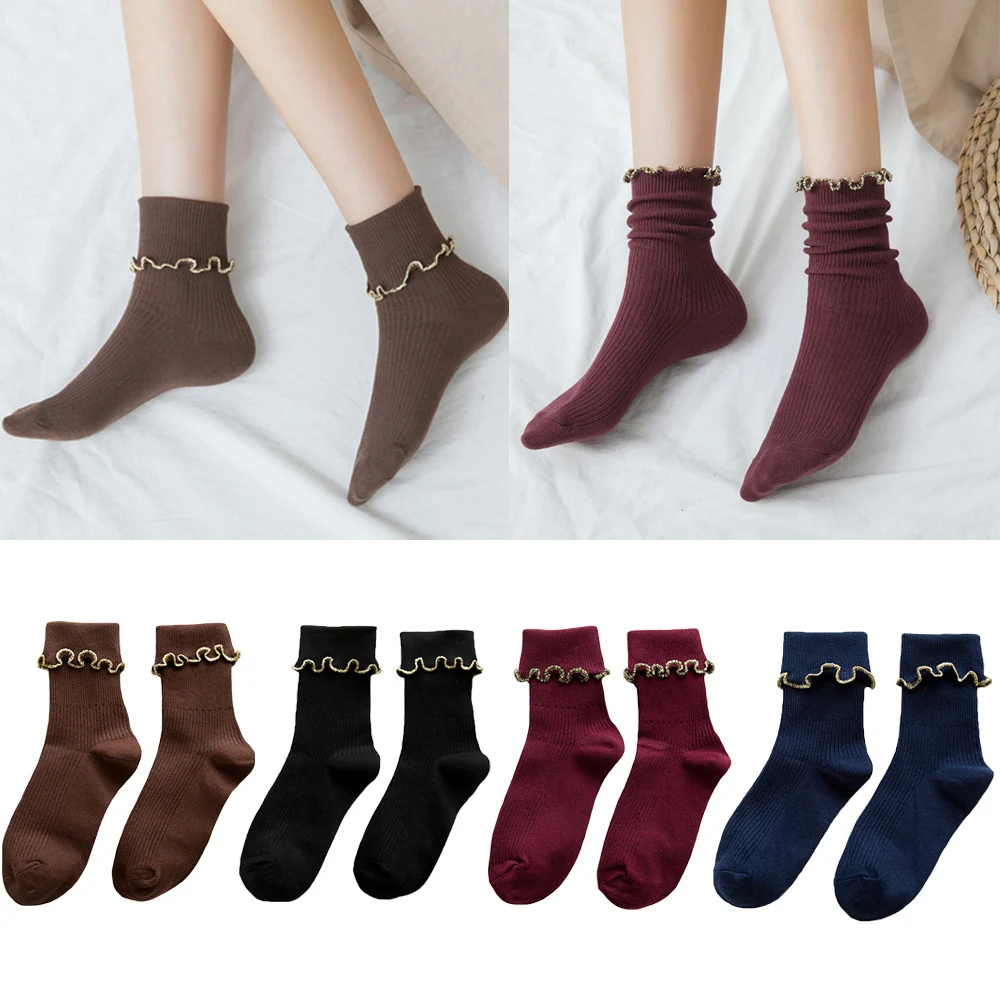Женские носки средней длины с золотыми краями; эластичные удобные женские плотные носки