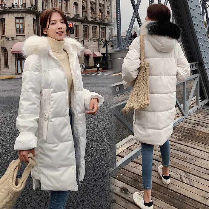 

Photo Shoot New Style Corduroy down Jacket Women's Mid-length Korean-style Loose-Fit Large Fur Collar down Coat Cotton-padded Cl