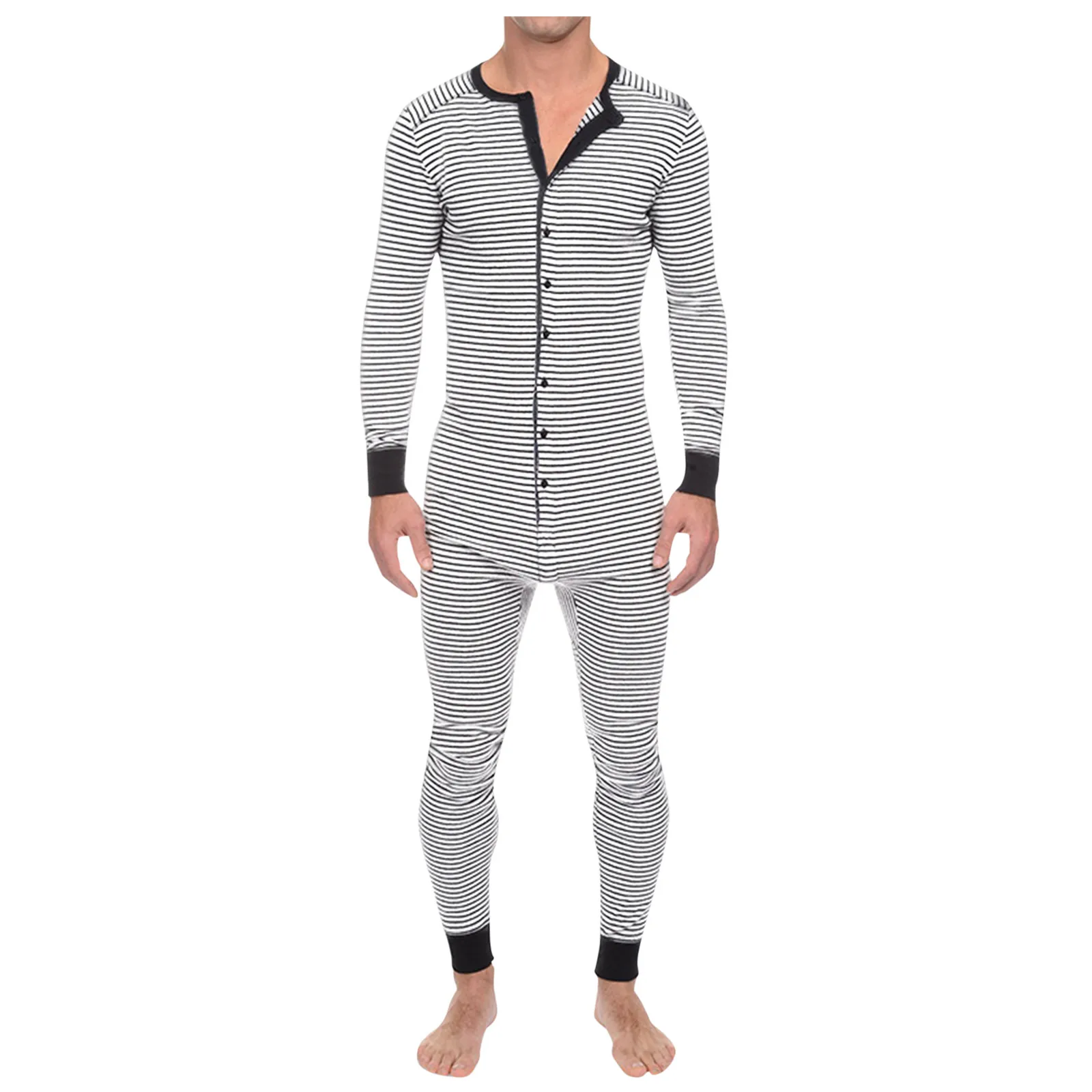Men Casual Striped Long Pajamas Punk Style Pockets Pants Slim Long Sleeve Rompers Men Jumpsuit Pajamas Homewear