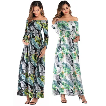 

vetement femme 2019 Women's winter Maternity Pregnanty clothes dresses Nursing Off Shoulder Long Sleeve Leaves Print Long Dress